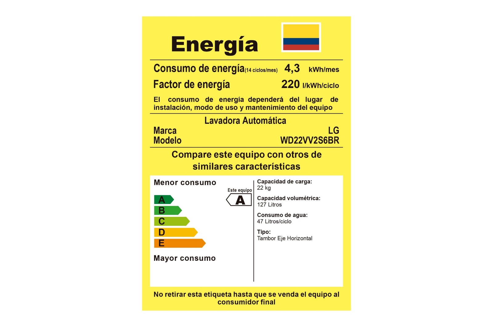 Consumo energético LG Lavadora WD22VV2S6BR.